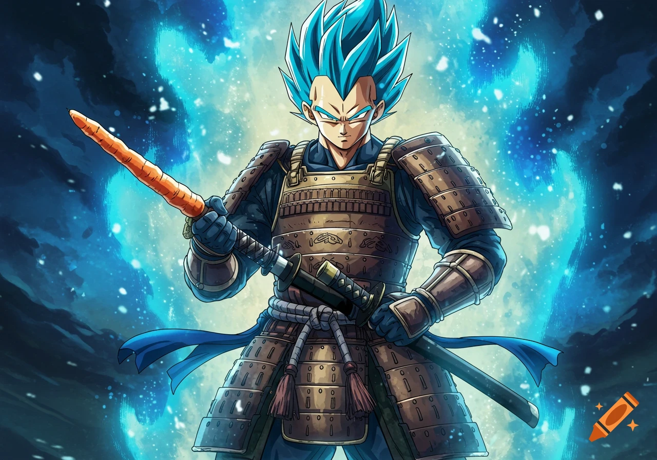 Super Saiyan Blue Vegeta in full samurai armor holds a carrot sword against a glowing blue background.