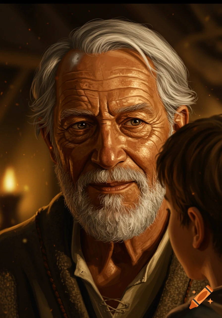 A close-up, painterly realism portrait of an elderly man with a white beard speaking to a young boy, bathed in warm firelight.