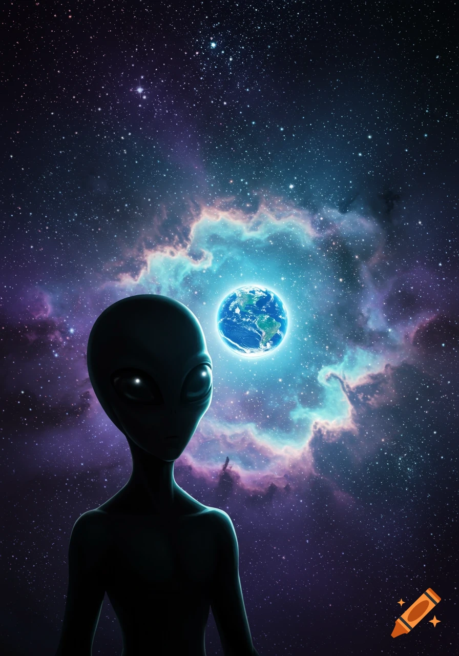 A grey alien with large dark eyes stares at a glowing Earth suspended within a colorful nebula in a starry galaxy.