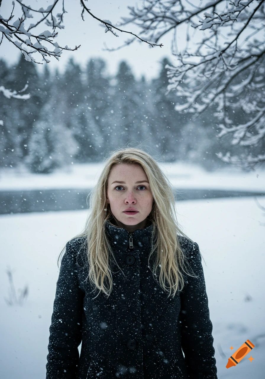 A blonde woman with a serious expression stands in a snowy forest while snowflakes fall.