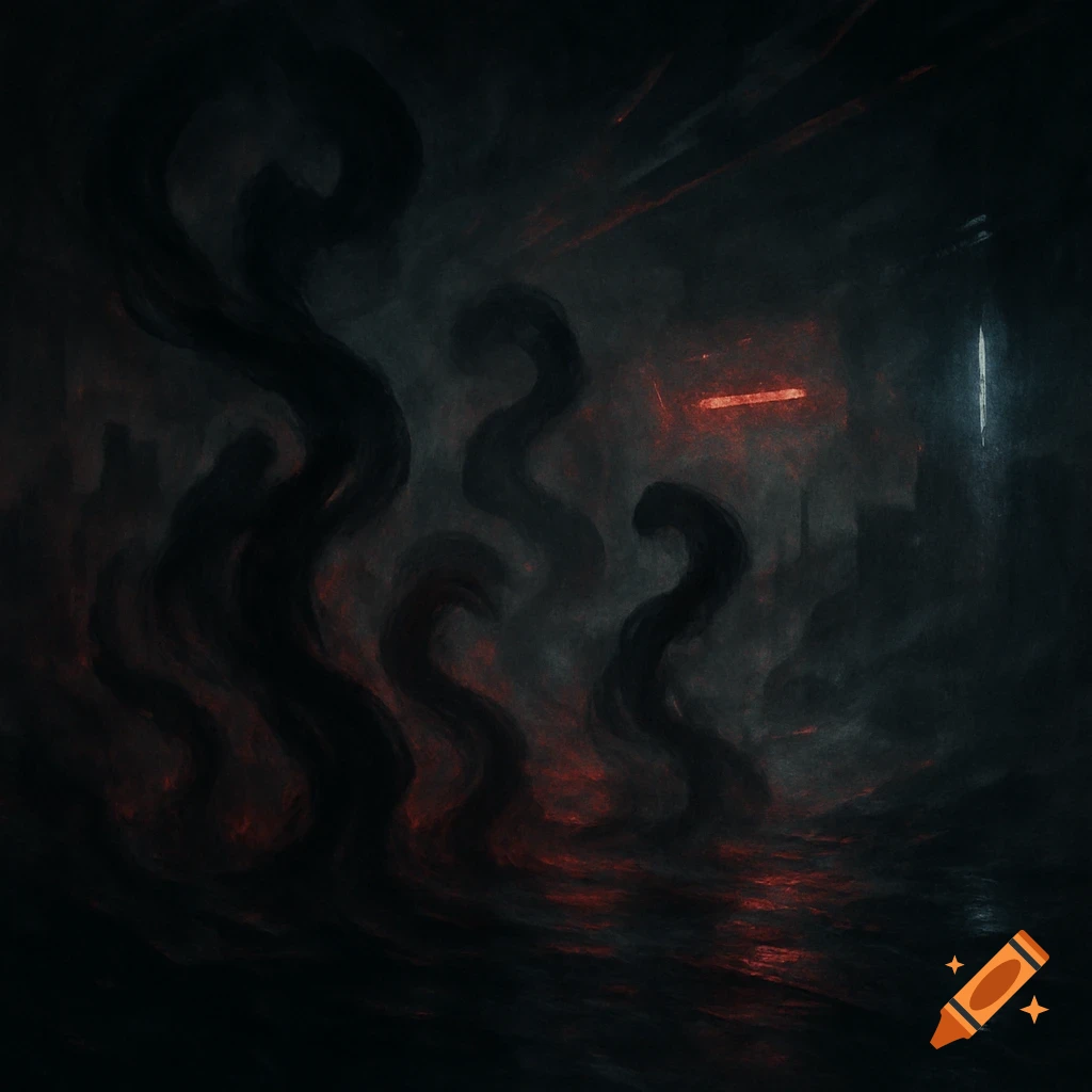 Dark digital art of shadowy, serpentine figures rising from a red-glowing liquid in a foggy, moody landscape.