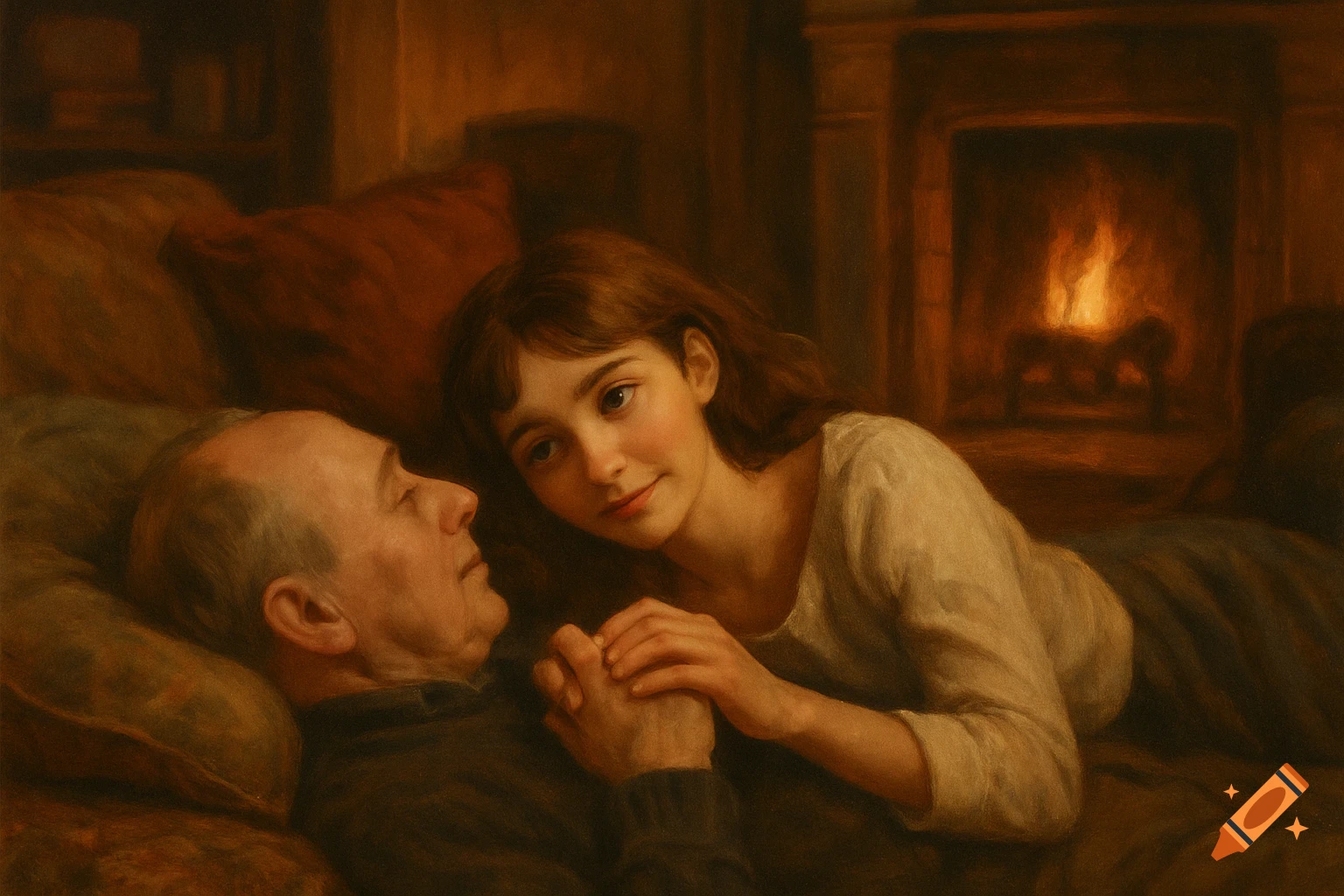 A young woman gently holds the hand of an older man as they recline in a cozy, fire-lit living room. Painterly style.
