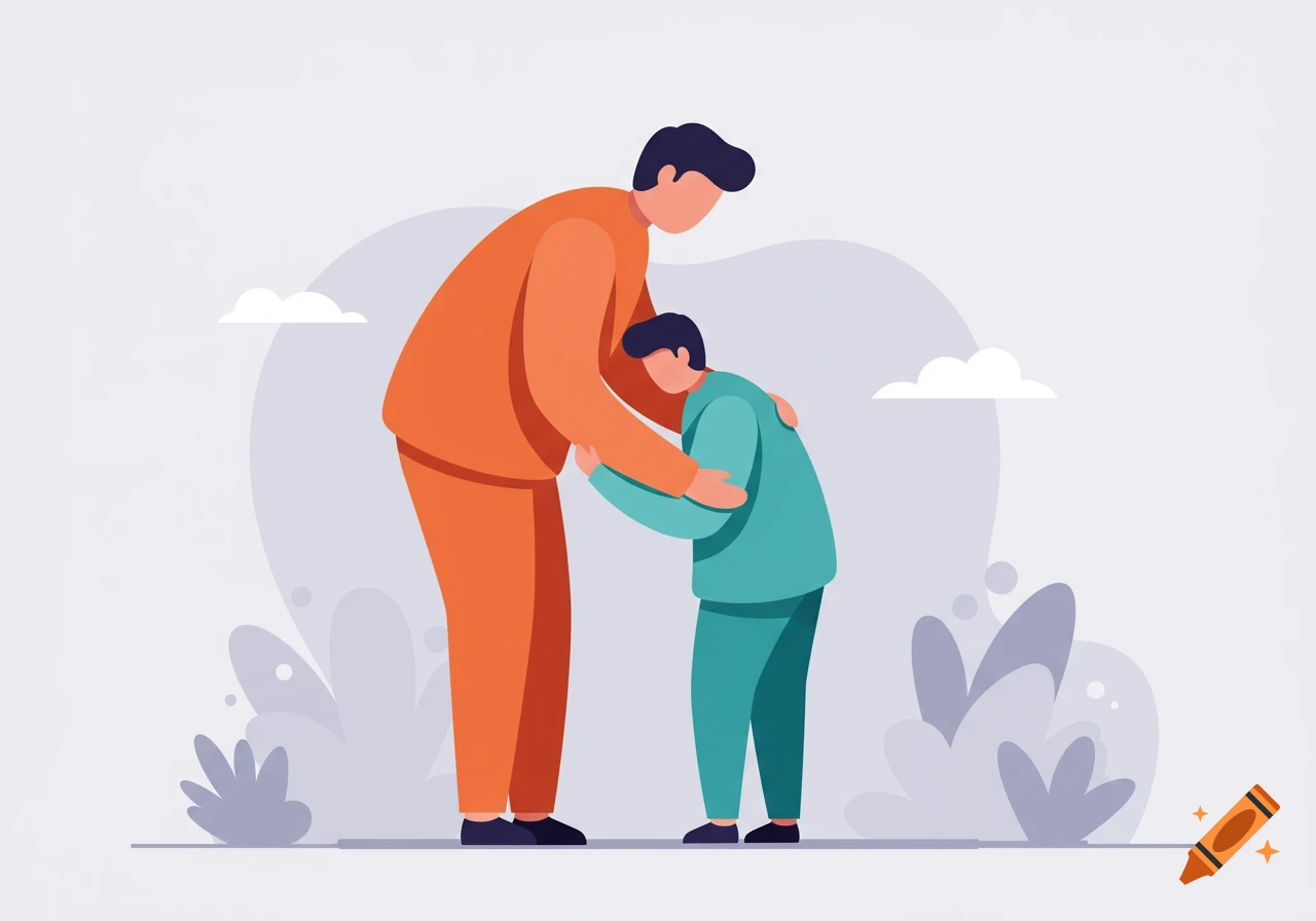 A flat vector illustration of a tall person in orange embracing a smaller person in teal.