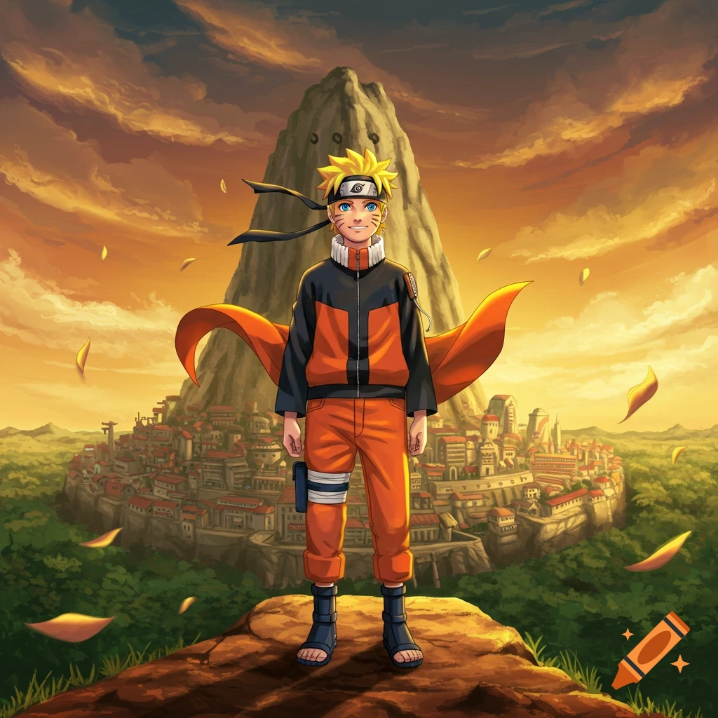 Naruto Uzumaki stands on a hill overlooking the Hidden Leaf Village and Hokage Mountain at sunset, anime style.