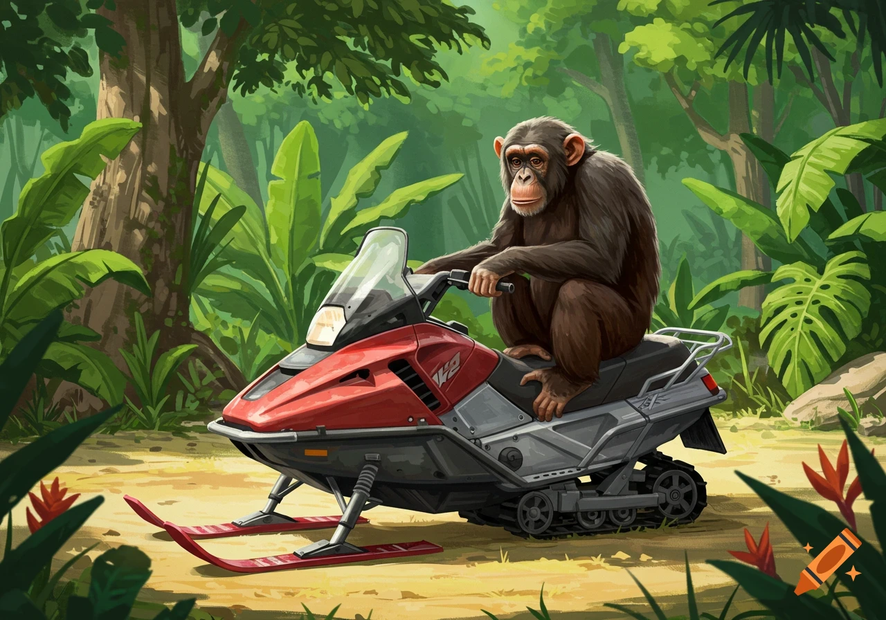 Illustrative image of a chimpanzee sitting on a red snowmobile in a lush green jungle.