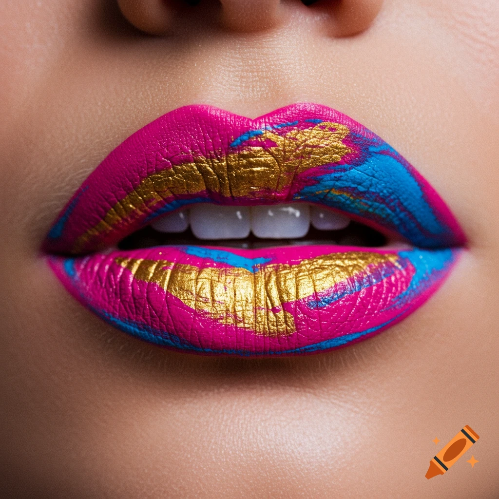 Close-up of lips with vibrant pink, blue, and gold abstract art makeup.