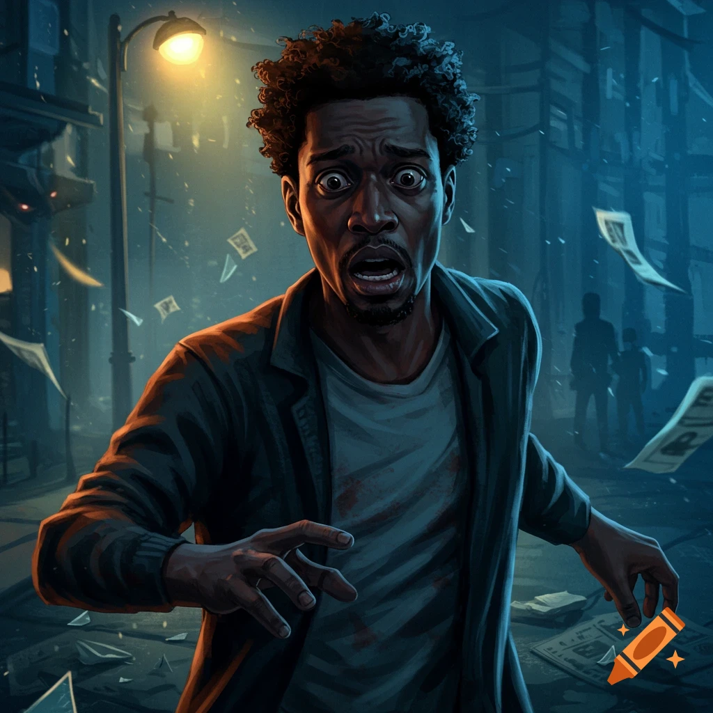 An illustration of a scared black man in a dark, chaotic city alley at night, illuminated by a streetlamp, debris flying around him.