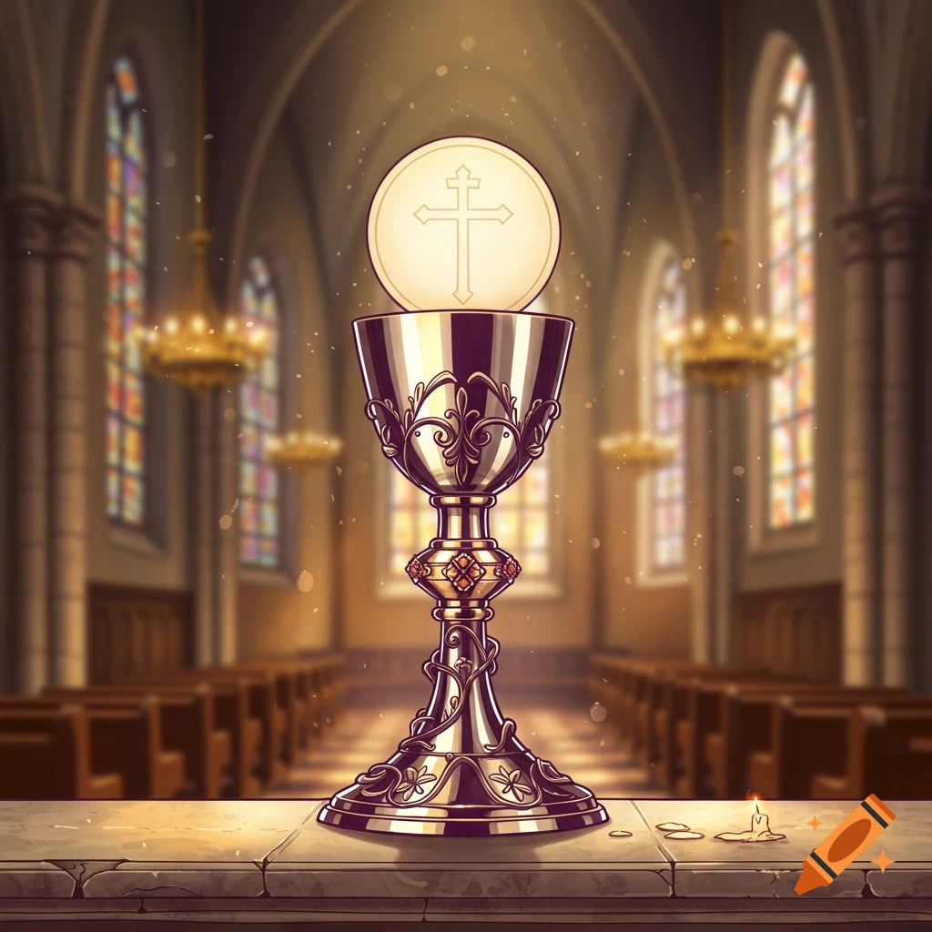 A golden chalice holds a communion host with a cross, on an altar in a church with stained glass windows, in an illustrative style.