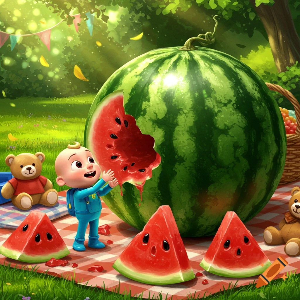 A vibrant cartoon illustration shows a Cocomelon baby holding a piece of a giant watermelon at an outdoor picnic with teddy bears.