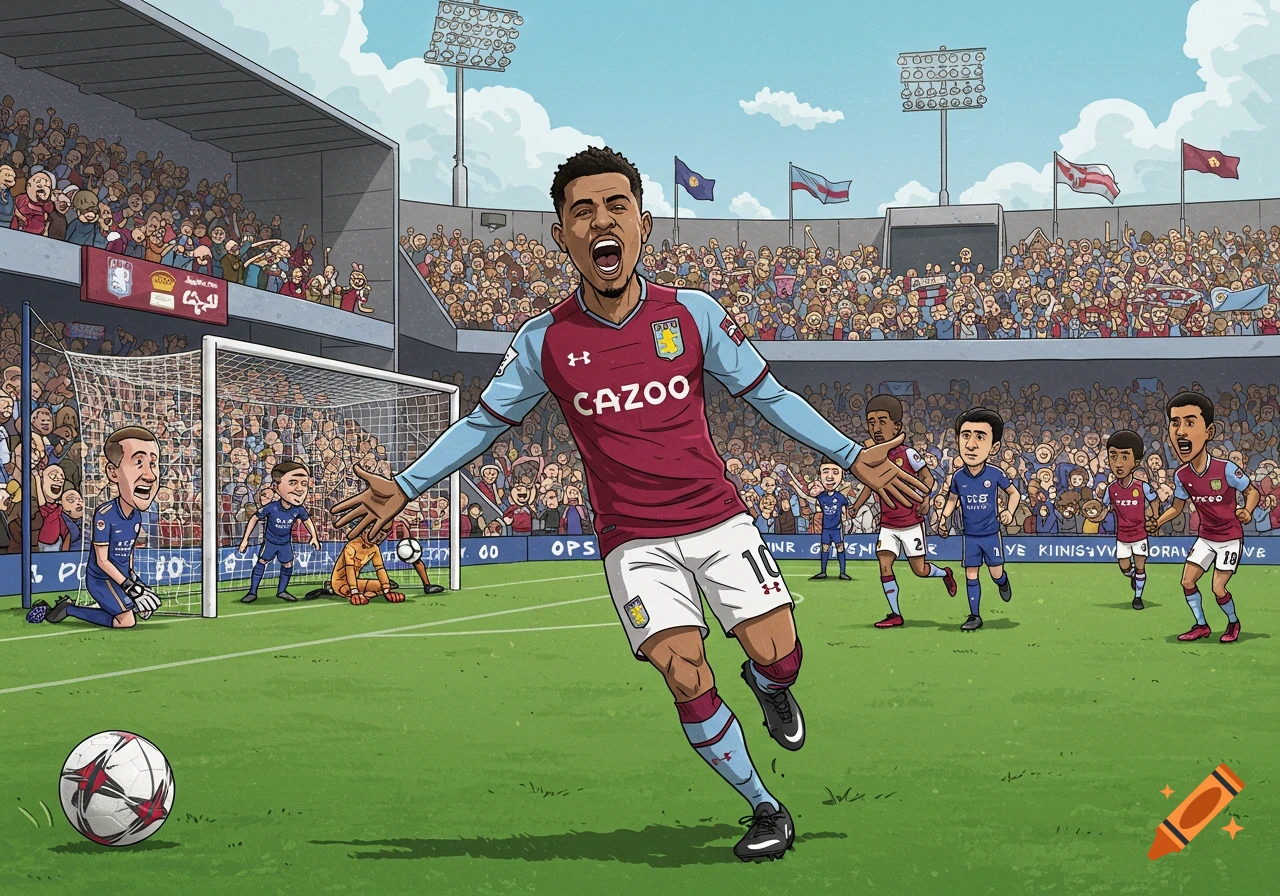 A cartoon illustration of an Aston Villa player in a maroon and light blue jersey celebrating a goal in a packed stadium. Other players and a referee are also on the green field.
