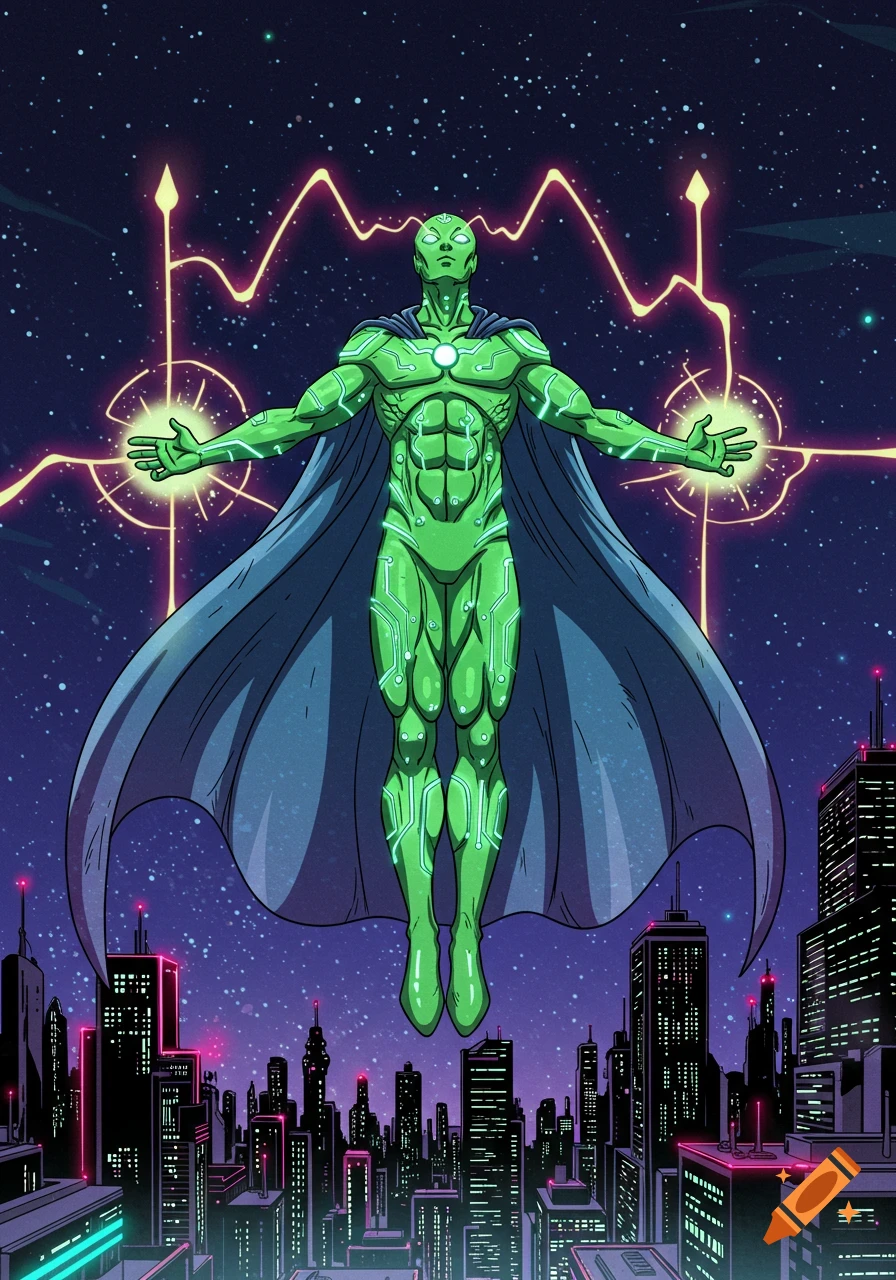 A green alien superhero with circuit patterns floats above a futuristic city at night, hands glowing with energy, in comic style.