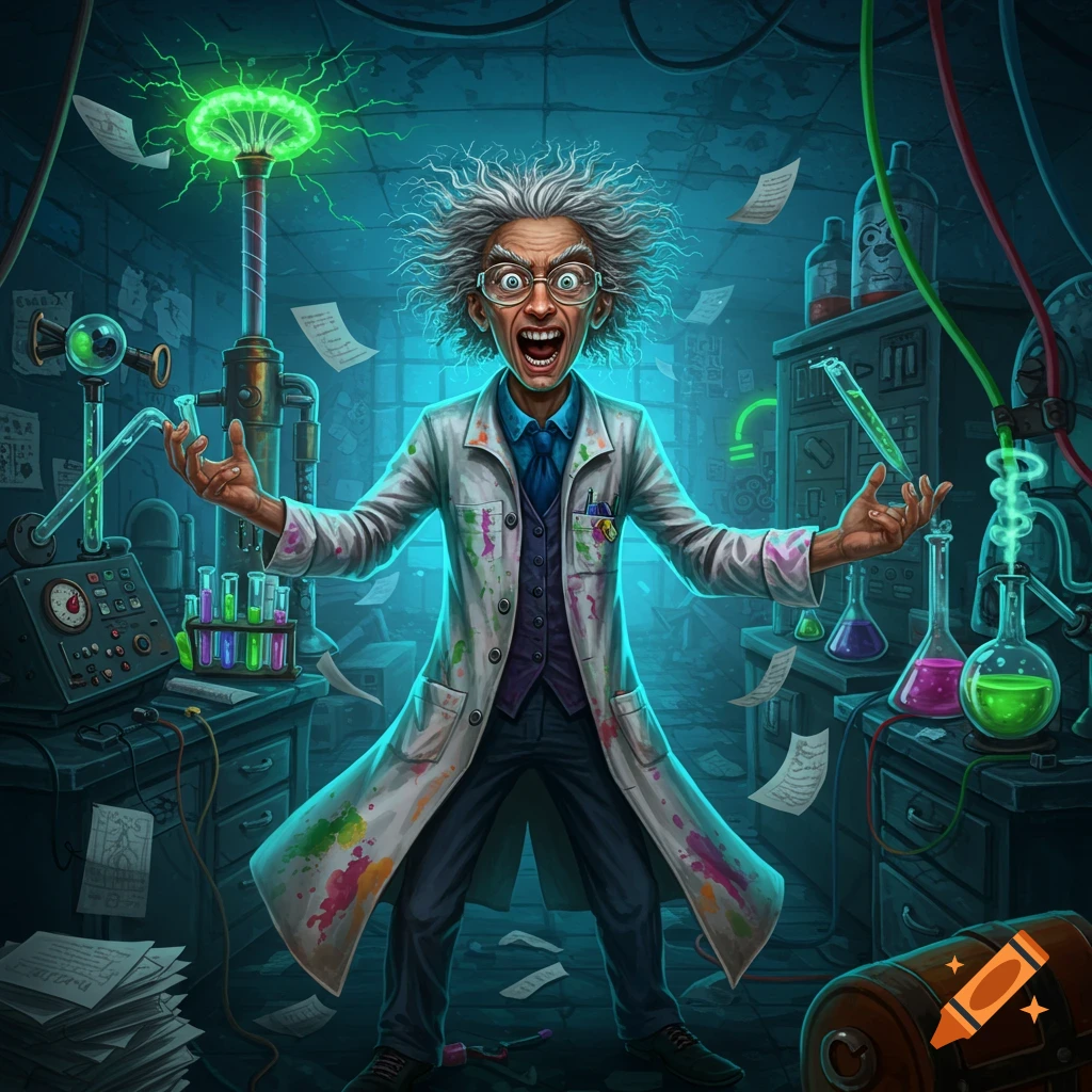 A wide-eyed, wild-haired mad scientist in a stained lab coat shouts triumphantly in a chaotic, glowing laboratory, stylized illustration.
