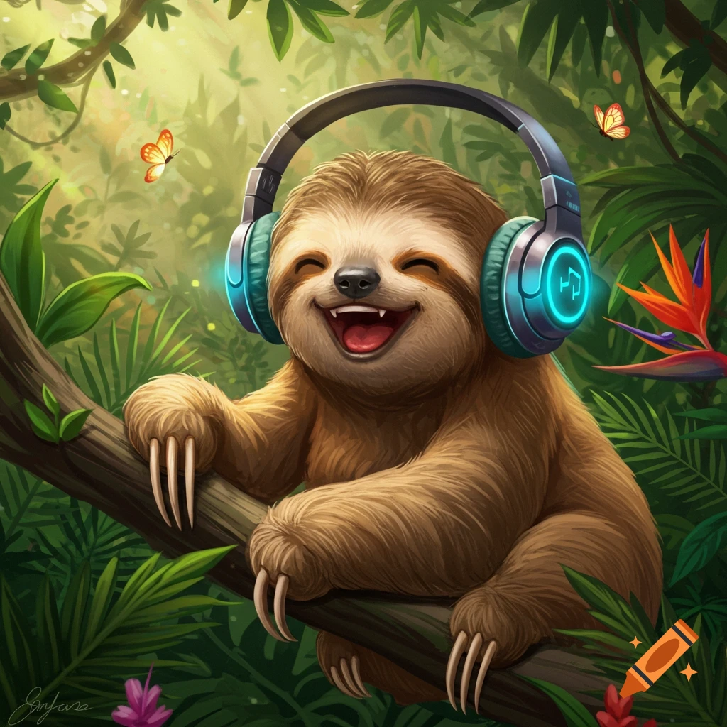 A cute, happy cartoon sloth wearing glowing blue headphones, sitting on a branch in a vibrant jungle.