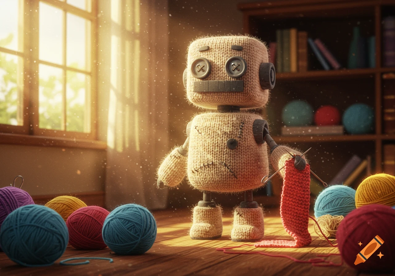 A cute knitted robot sits on a wooden floor, knitting a red fabric while surrounded by colorful yarn balls in warm sunlight.