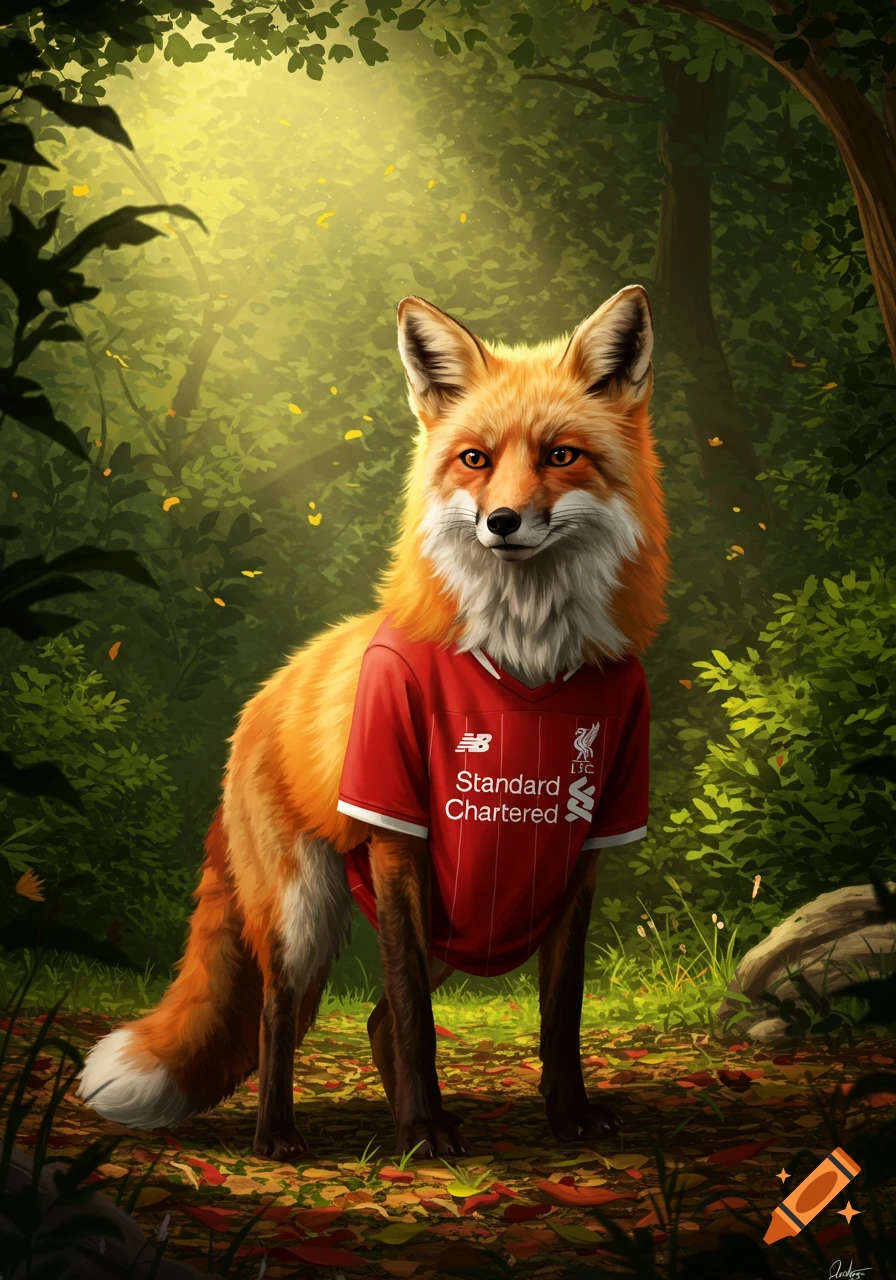 A red fox wearing a red Liverpool FC soccer jersey stands in a sunlit forest.