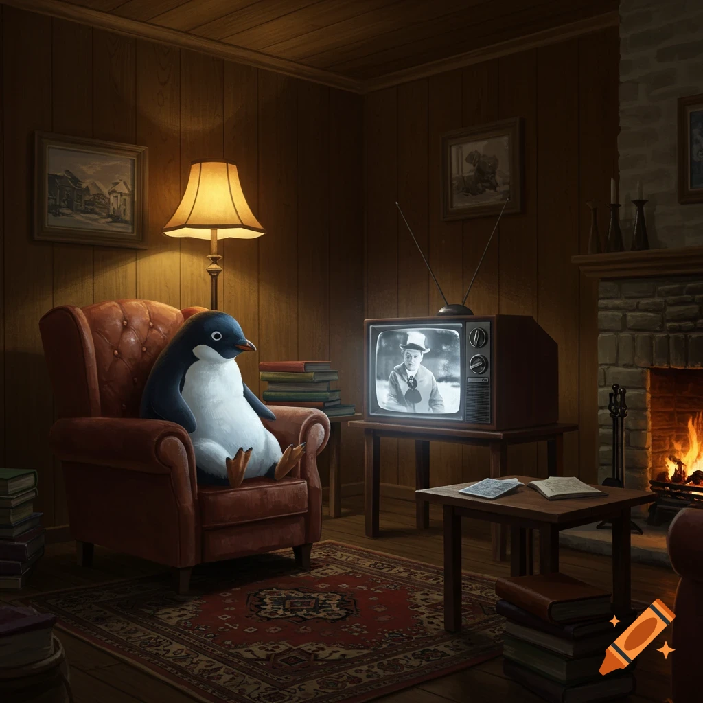 An illustrated penguin sits in a cozy armchair, watching a black and white film on a vintage television in a dimly lit room.