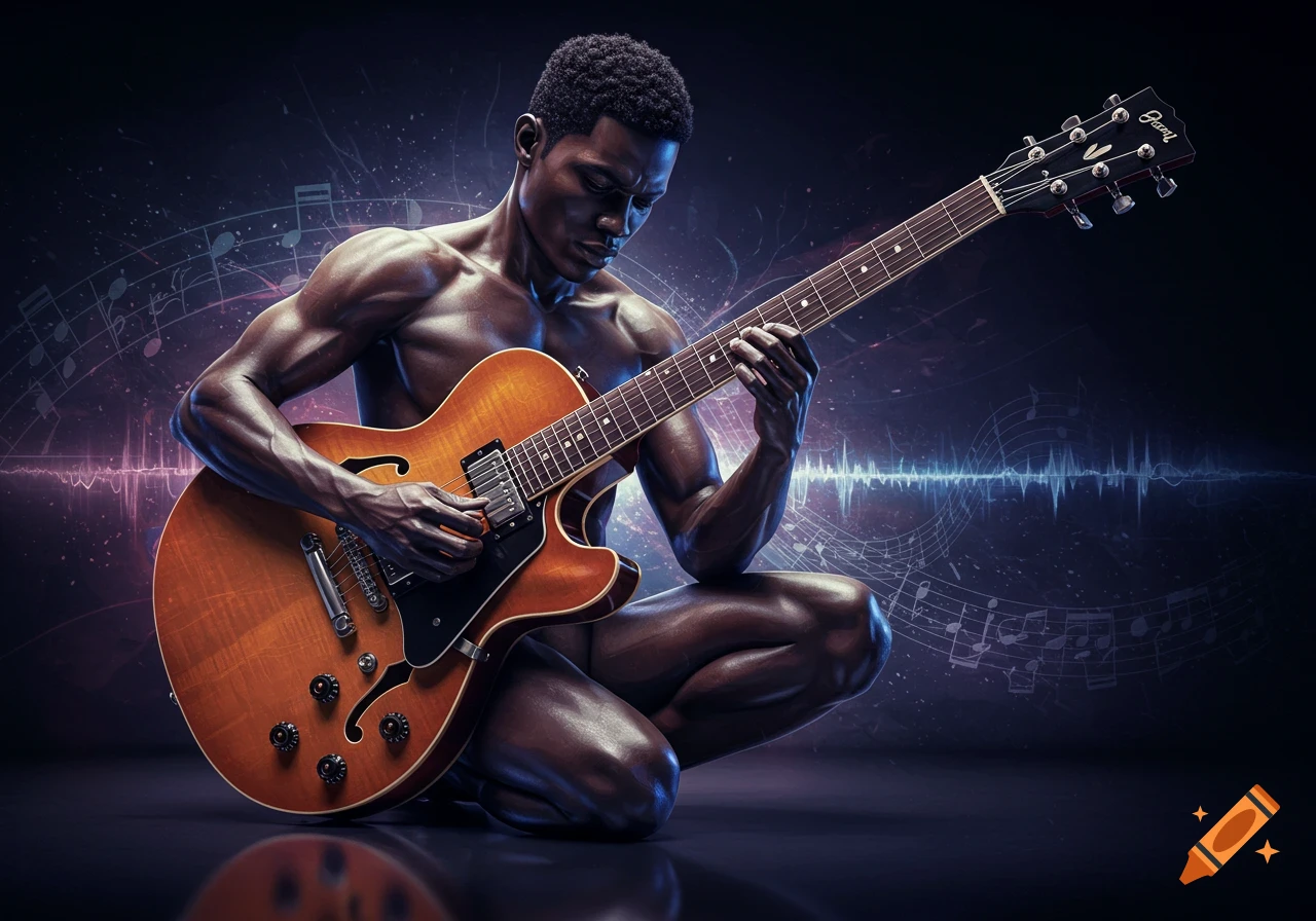 Muscular dark-skinned man crouching and intensely playing a brown hollow-body electric guitar against a dark background with musical notes and sound waves.