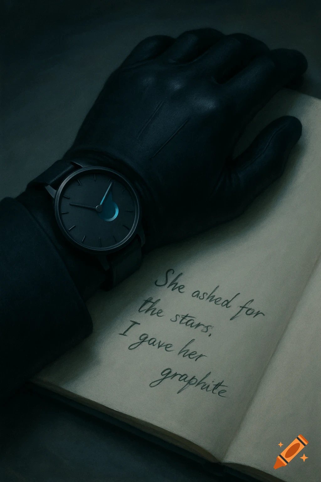 A gloved hand wearing a minimalist watch rests on an open sketchbook displaying handwritten text.