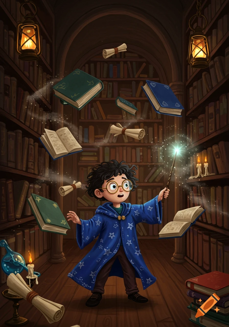 A young wizard with glasses and a blue robe waves a magic wand, making books and scrolls float in a dimly lit library.