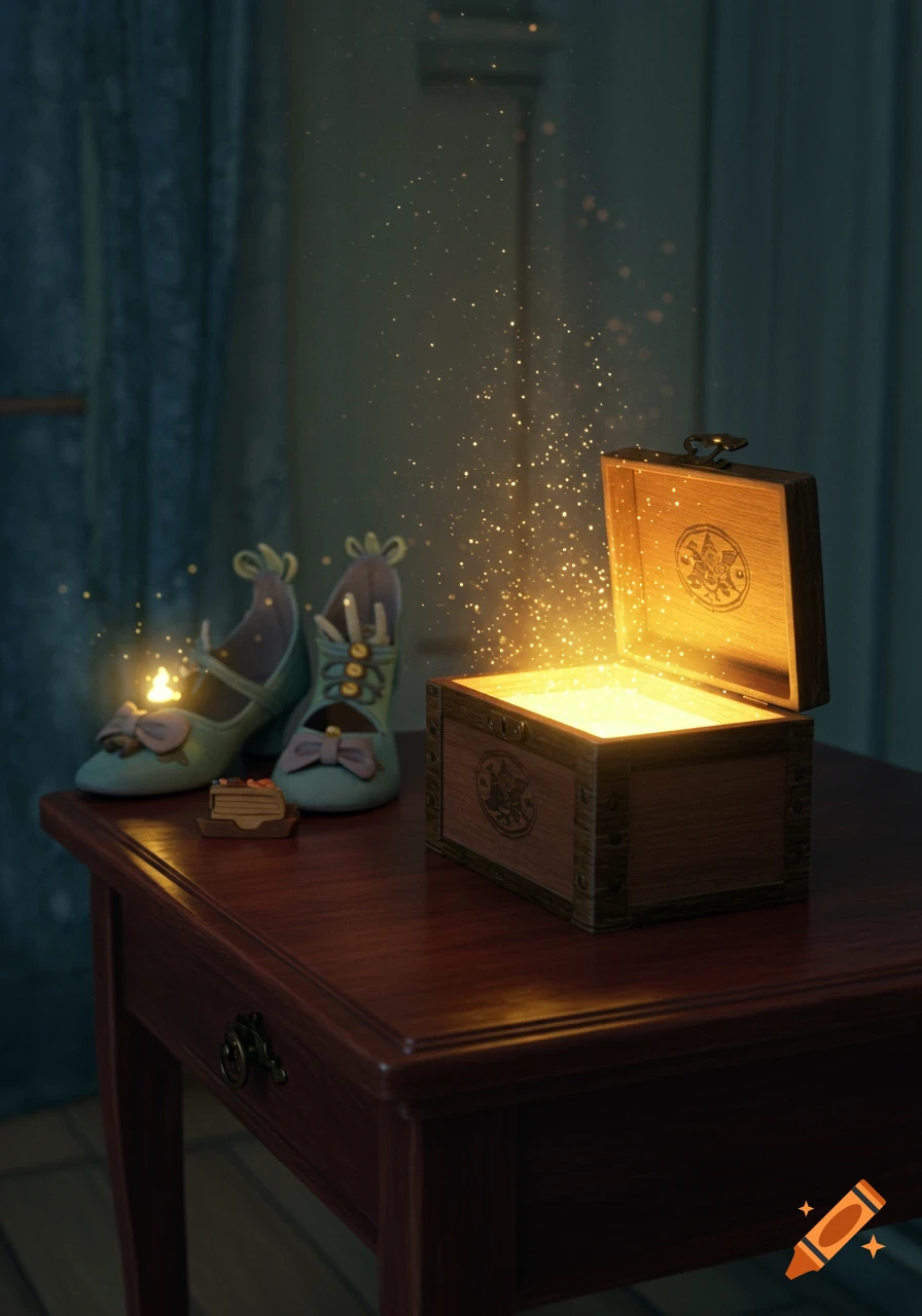 A glowing wooden treasure chest with two stylized shoes on a table in a magical, Pixar-style indoor setting.