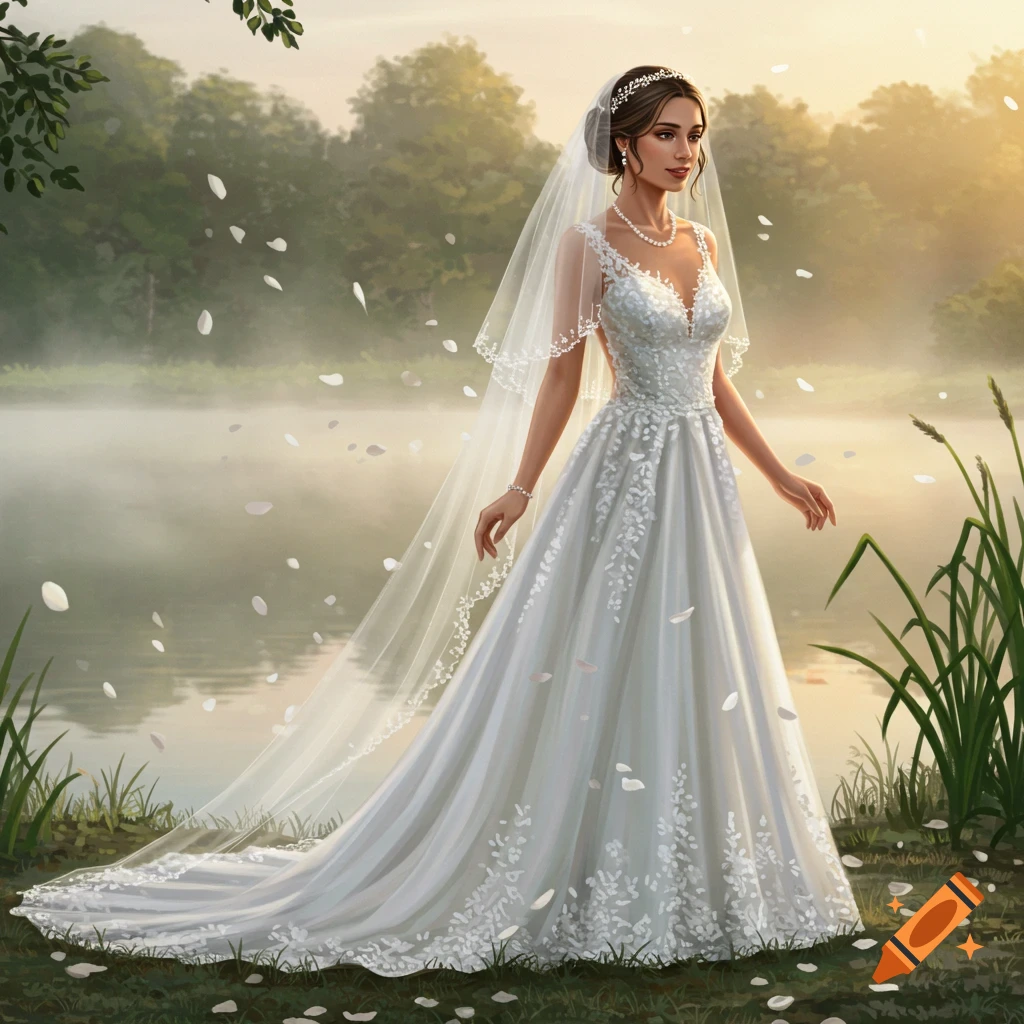 An elegant bride in a white lace wedding gown and veil stands by a misty lake with falling petals, surrounded by lush trees.
