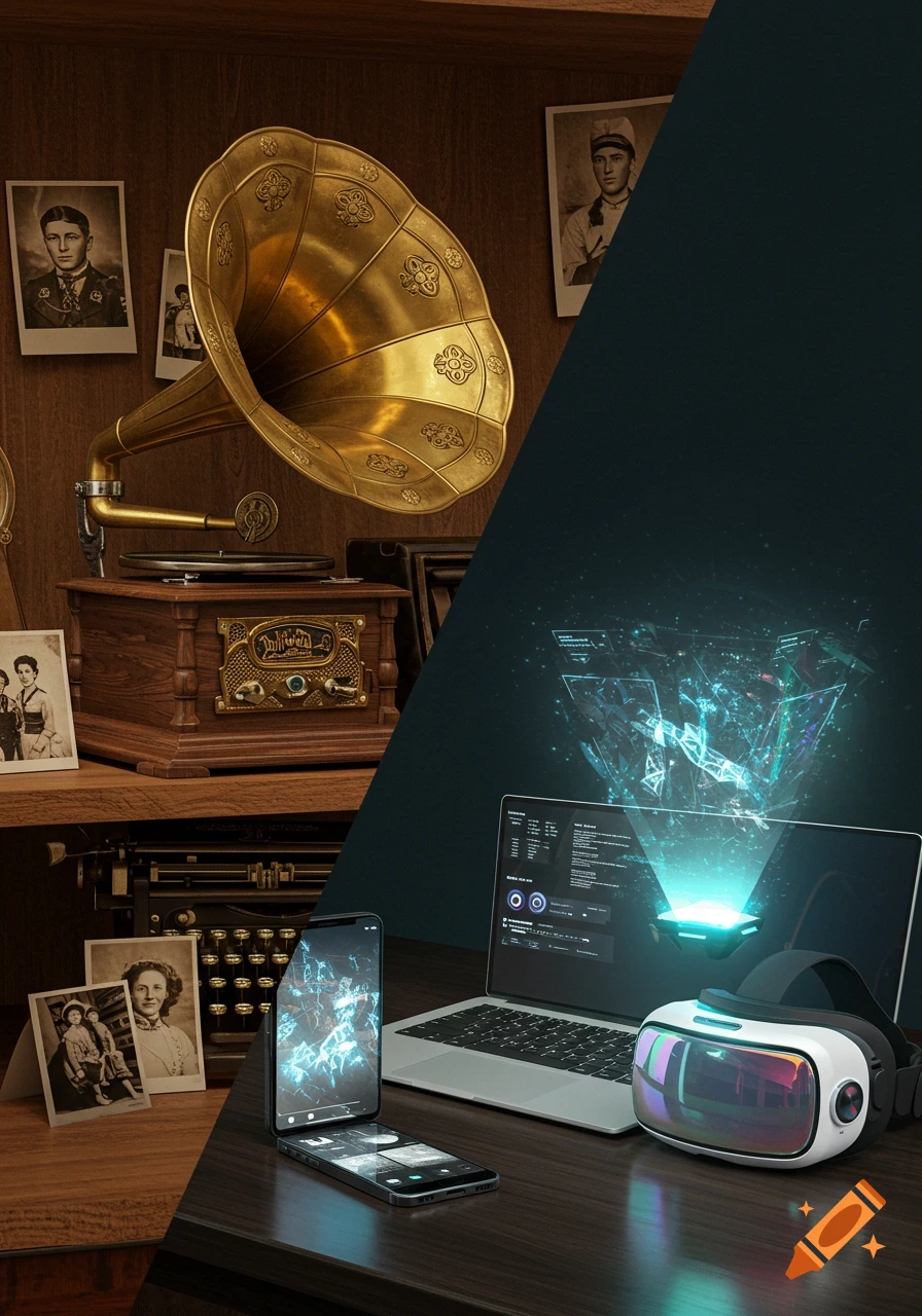 A split image contrasting an old gramophone, typewriter, and photos with a modern laptop, VR headset, and smartphone showing holograms.