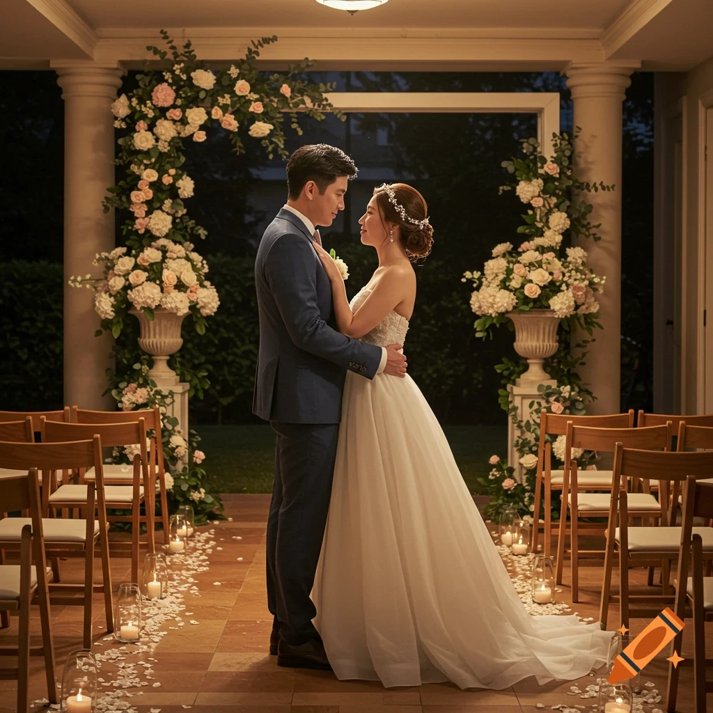 A bride and groom embrace during a romantic outdoor wedding ceremony, surrounded by floral arches, candles, and rose petals.