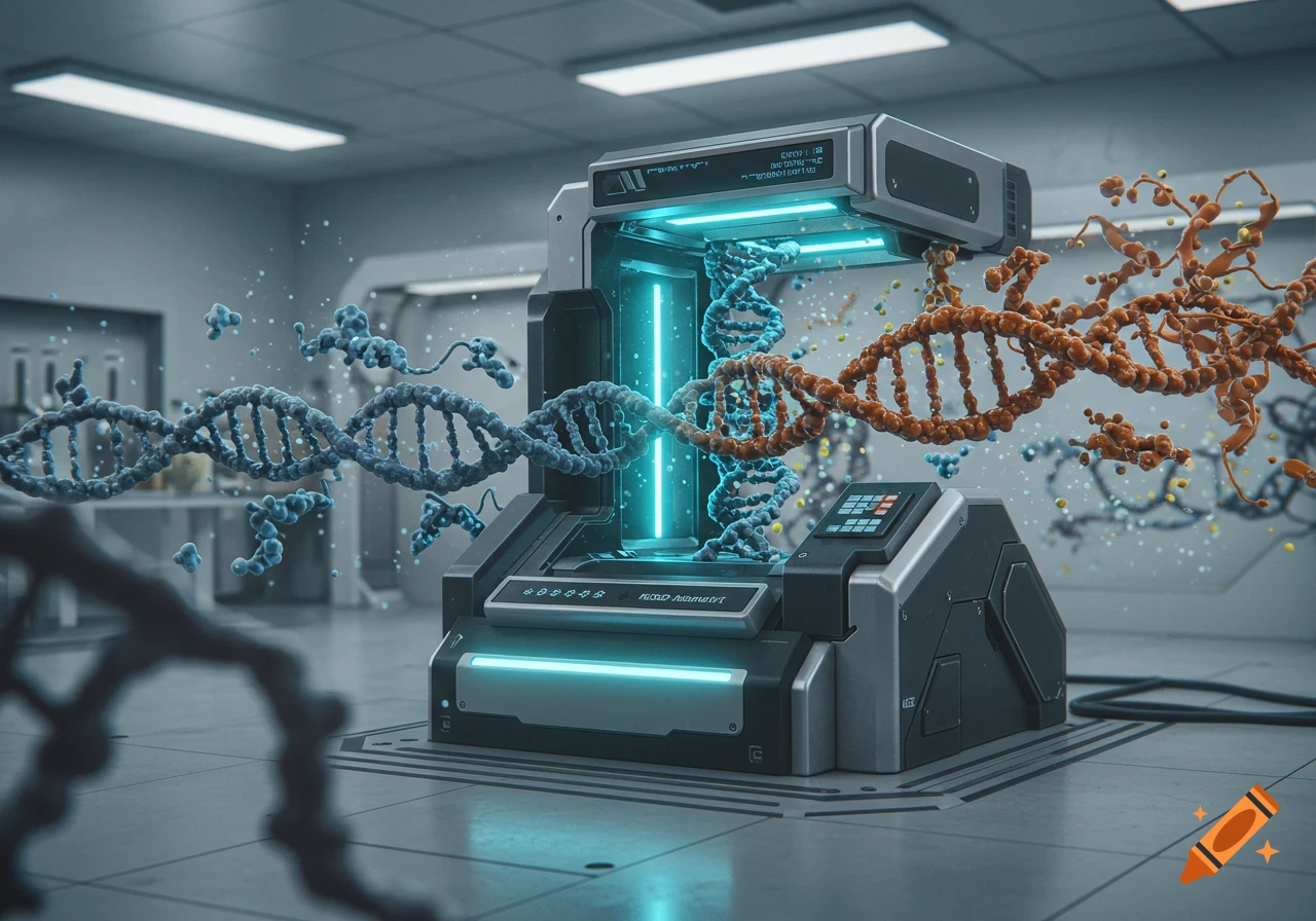 A futuristic grey machine with glowing blue light processes blue DNA into orange protein-like structures in a sterile lab.