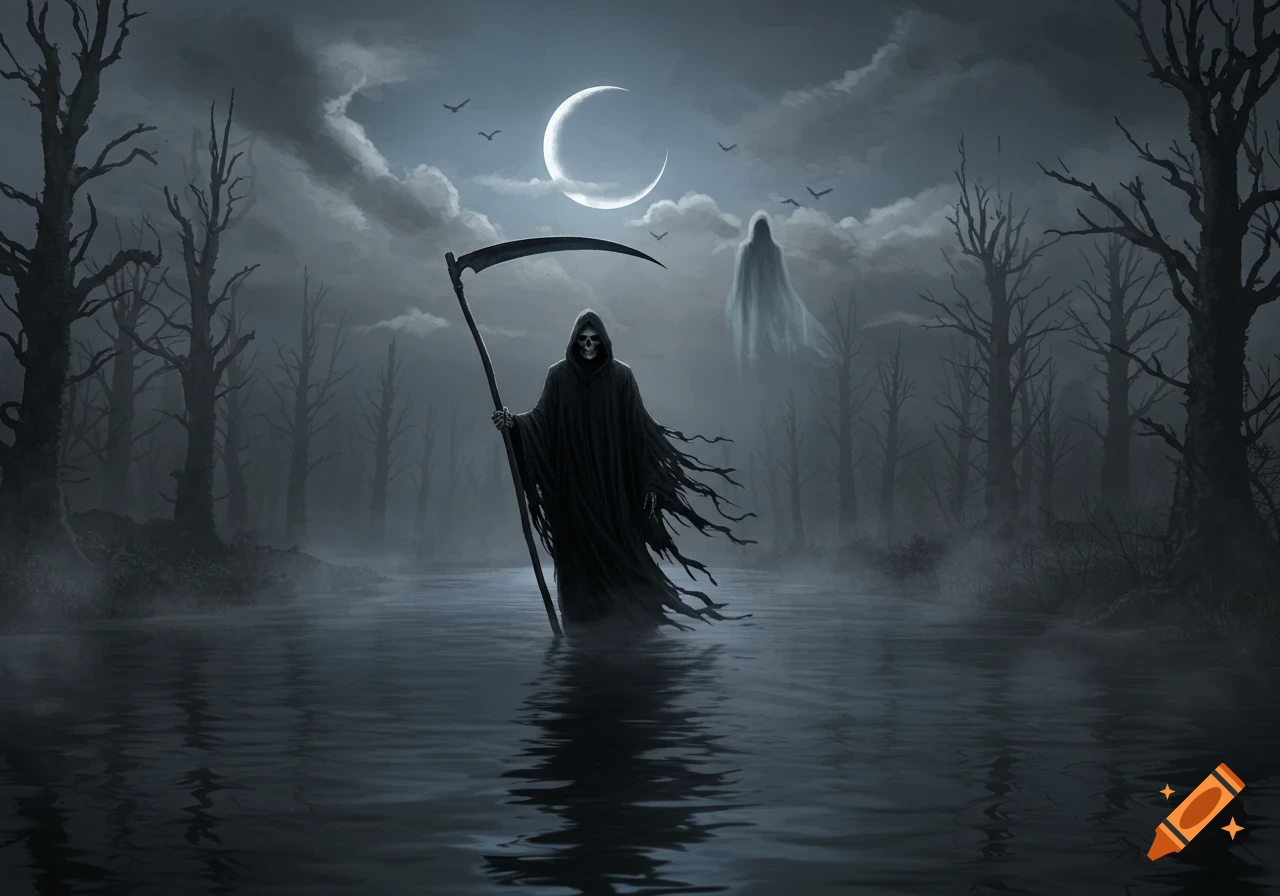 A dark fantasy painting of the Grim Reaper holding a scythe, standing in misty water in a spooky forest under a crescent moon with a ghost.