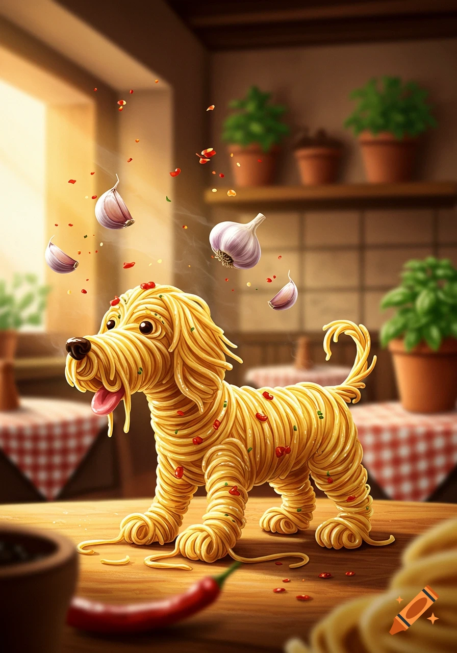 A detailed illustration of a dog made entirely of spaghetti, standing on a wooden kitchen table with falling garlic and chili flakes.