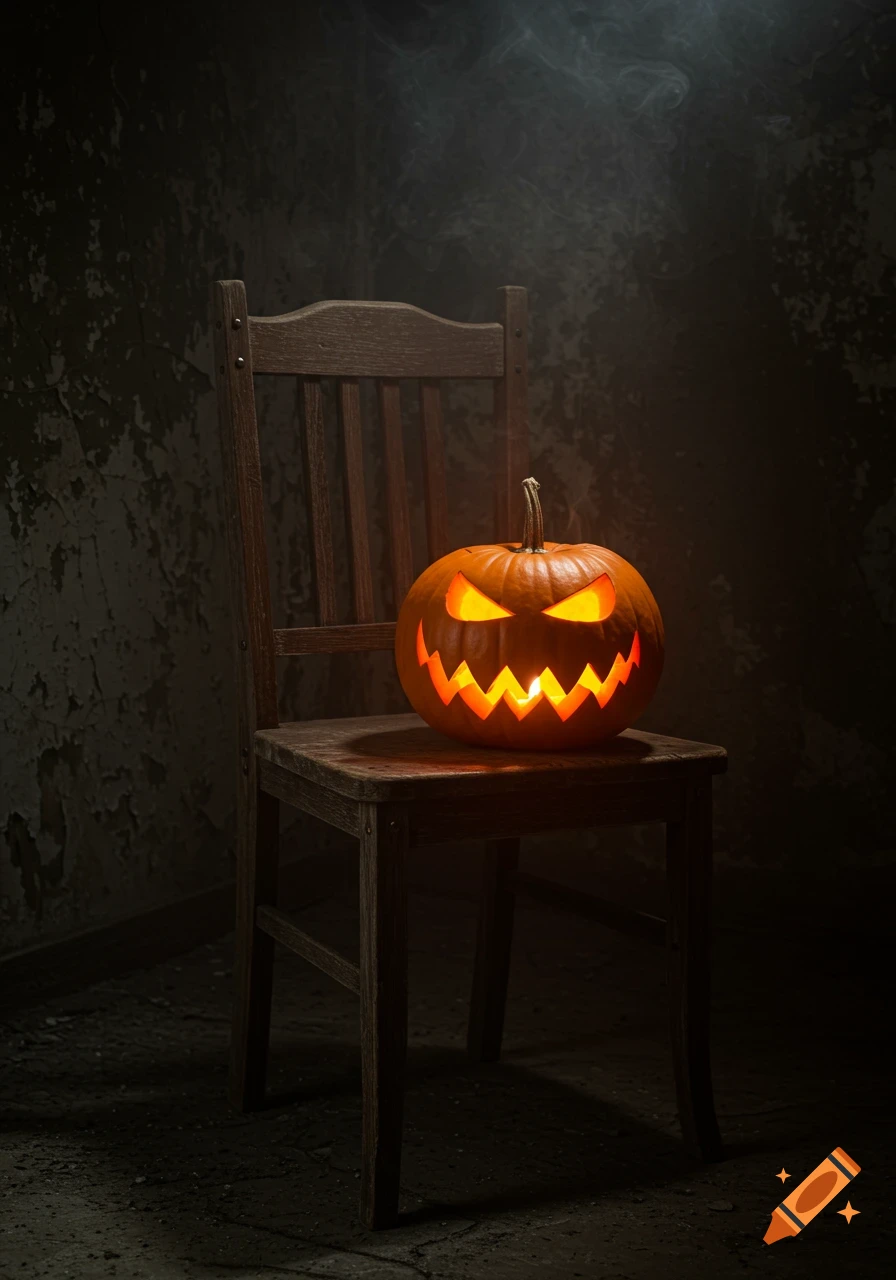 A glowing jack-o'-lantern with a scary face sits on a rustic wooden chair in a dark, eerie room with peeling walls and smoke.