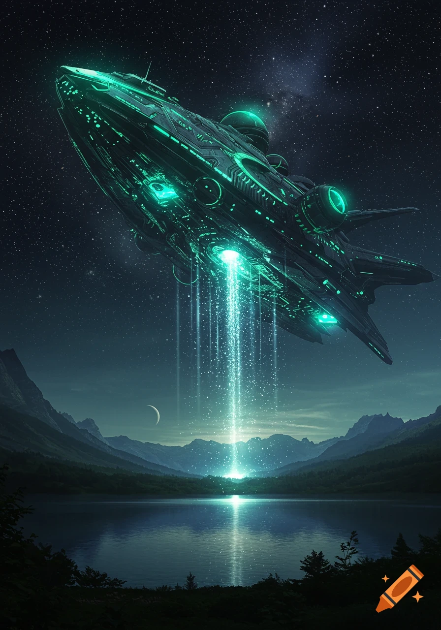 Green-lit alien spacecraft hovers over a reflective lake at night, beaming light onto the water, flanked by mountains under a starry sky.