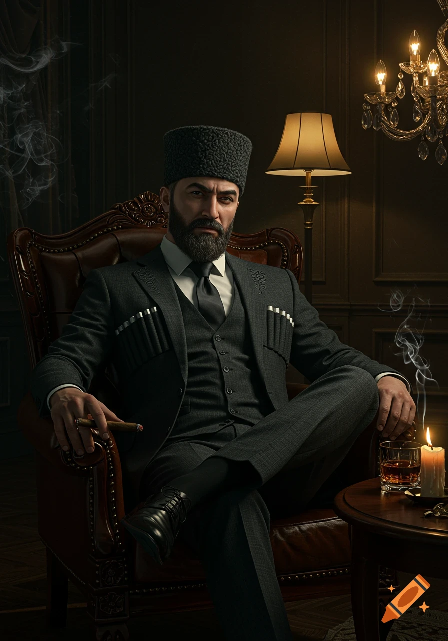 Photorealistic portrait of a serious man in a gray suit, papakha hat, and traditional bullet holders, seated in a leather armchair, holding a cigar.