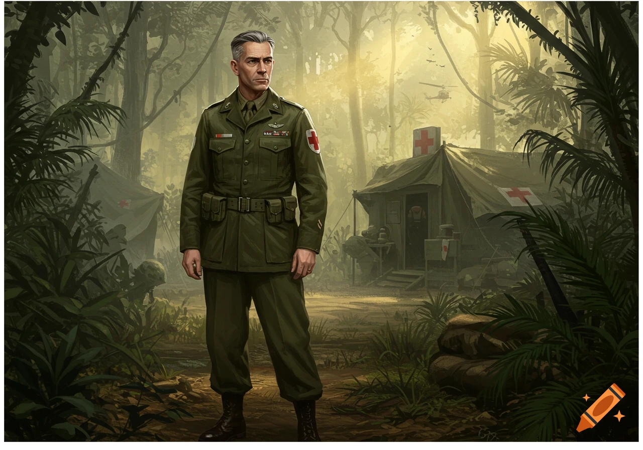 A grey-haired army medic in a green uniform stands in a misty jungle with medical tents and a helicopter in the background.