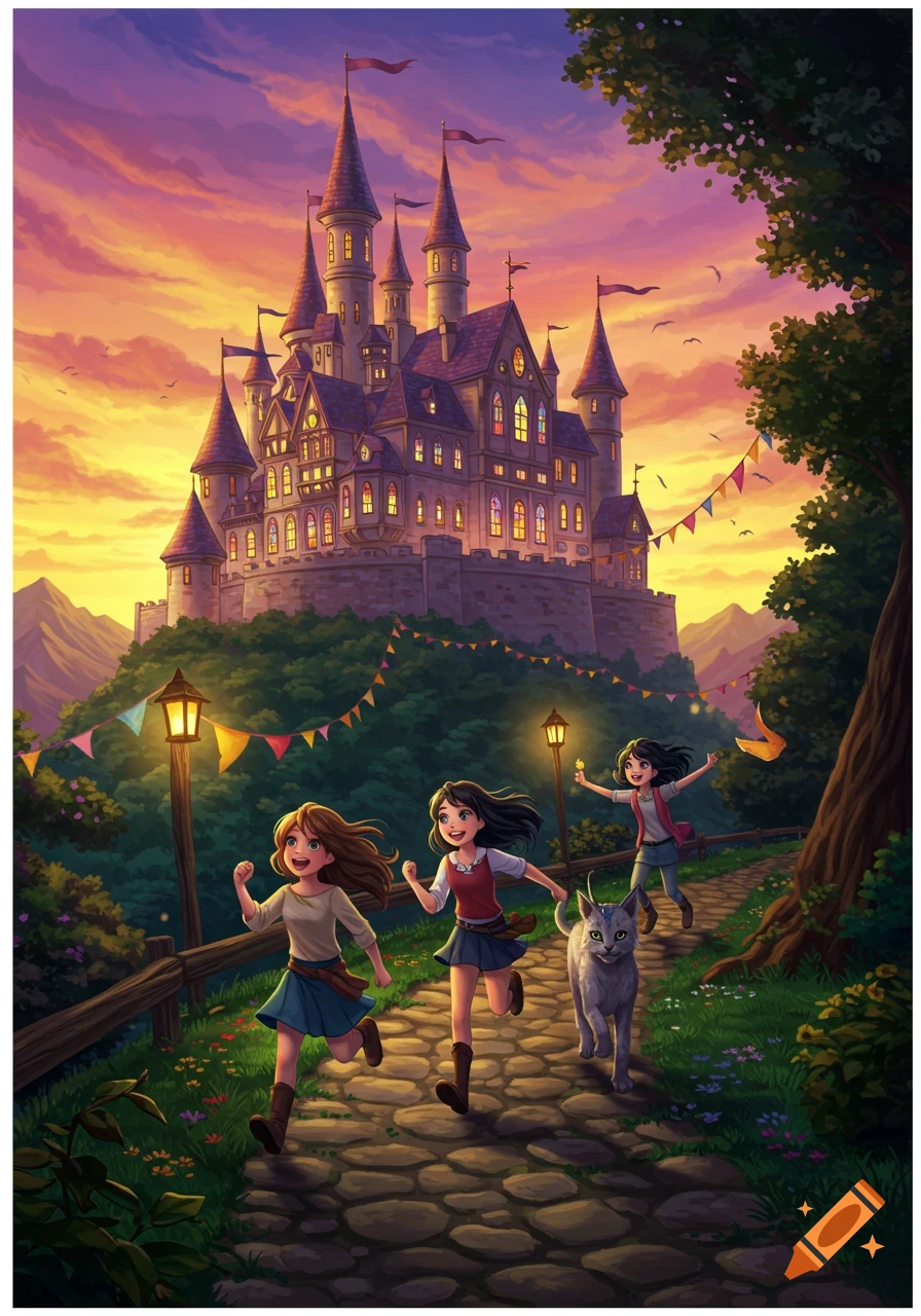 Three girls and a cat run on a cobblestone path toward a grand, colorful castle at sunset, in a vibrant illustration.