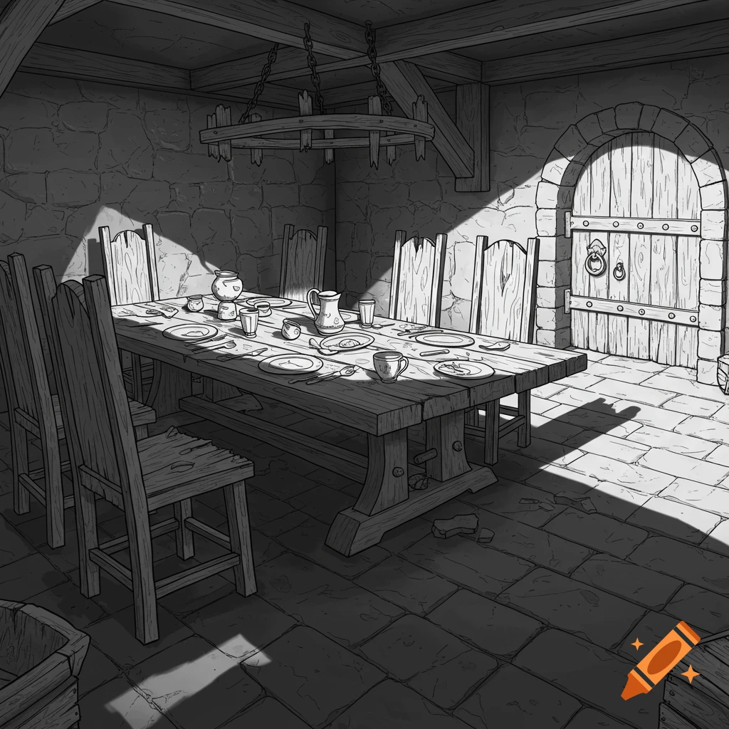 Black and white line art of an abandoned dungeon dining hall with a long table, broken chairs, old dishes, and a large wooden door, in an RPG style.