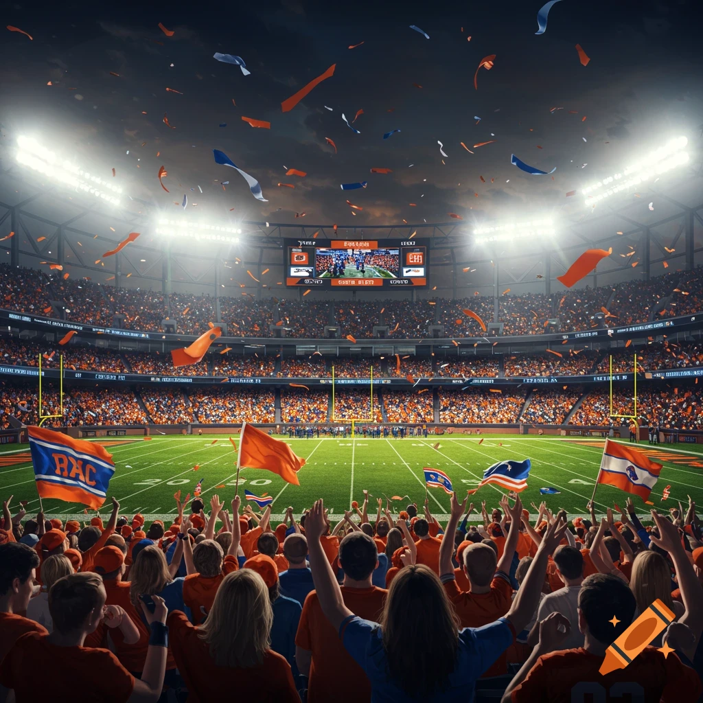 An American football stadium filled with cheering fans in orange and blue, with confetti falling and a jumbotron displaying game information.