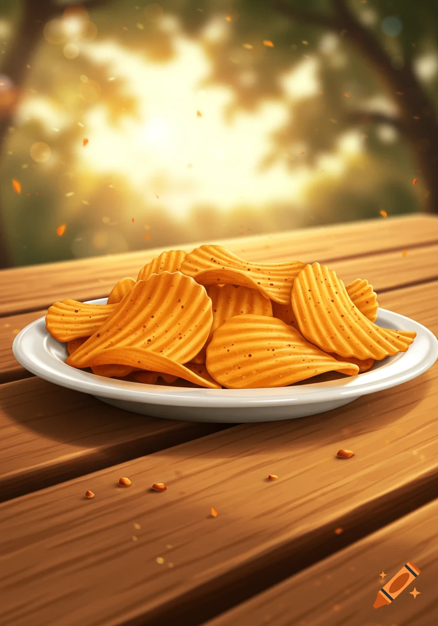 A plate of wavy potato chips on a wooden picnic table with a sunny, blurred outdoor background.
