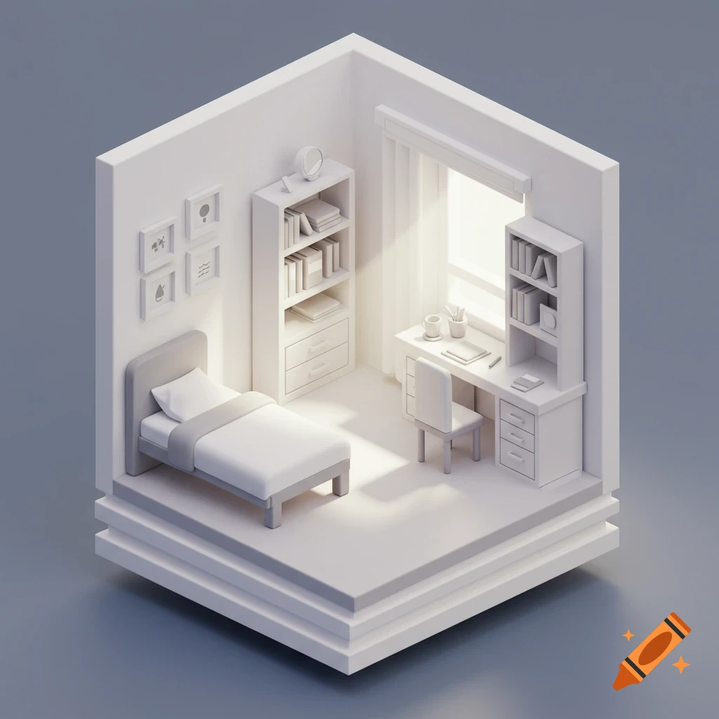 An isometric 3D rendering of a minimalist white and gray room with a bed, desk, and bookshelf, bathed in light from a window.
