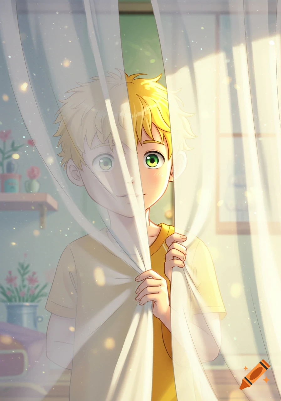 Animated boy with yellow hair peeking from behind a sunlit white curtain, one eye visible.