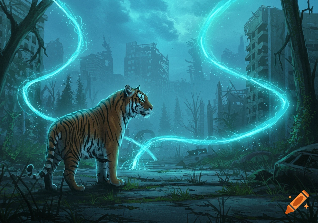 A green-eyed tiger stands in a ruined, overgrown city, surrounded by glowing blue energy, looking towards a distant forest. Digital art.