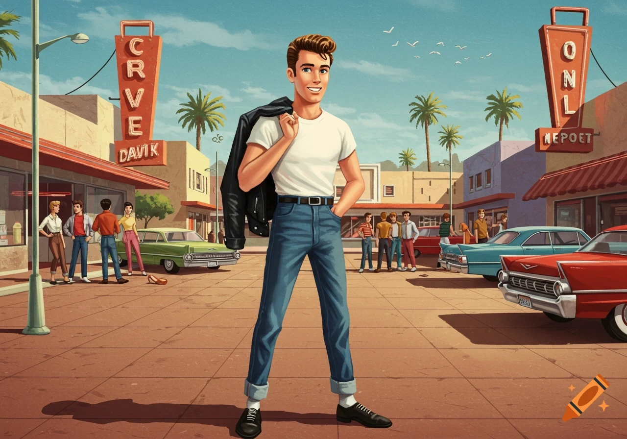 A confident cartoon greaser teenager in a 1960s-style town street, wearing a white t-shirt, jeans, and a leather jacket.