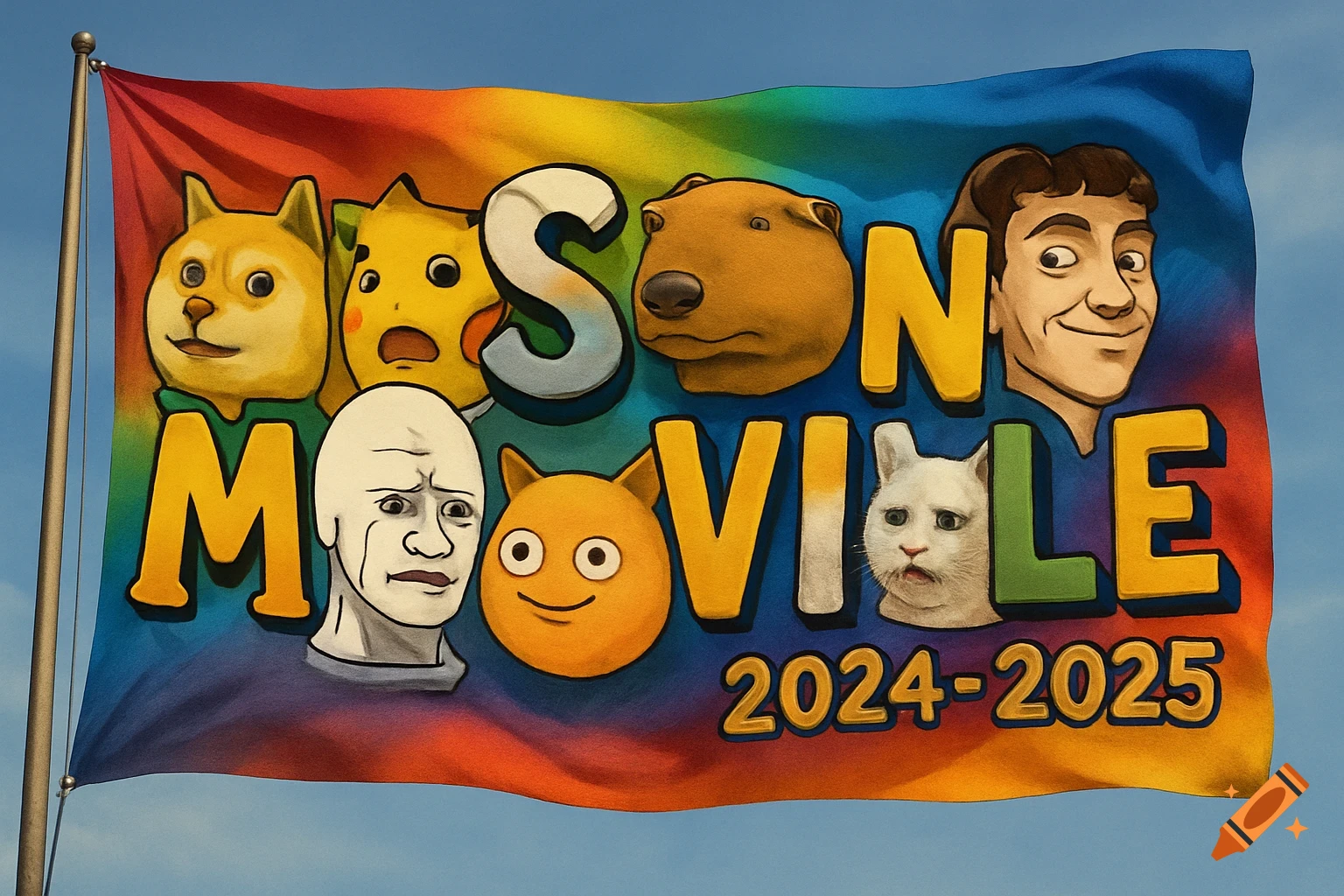 A vibrant rainbow flag with internet memes (Doge, Pikachu, Capybara, Wojak, surprised cat) spelling out 'MASONVILLE 2024-2025' against a blue sky.