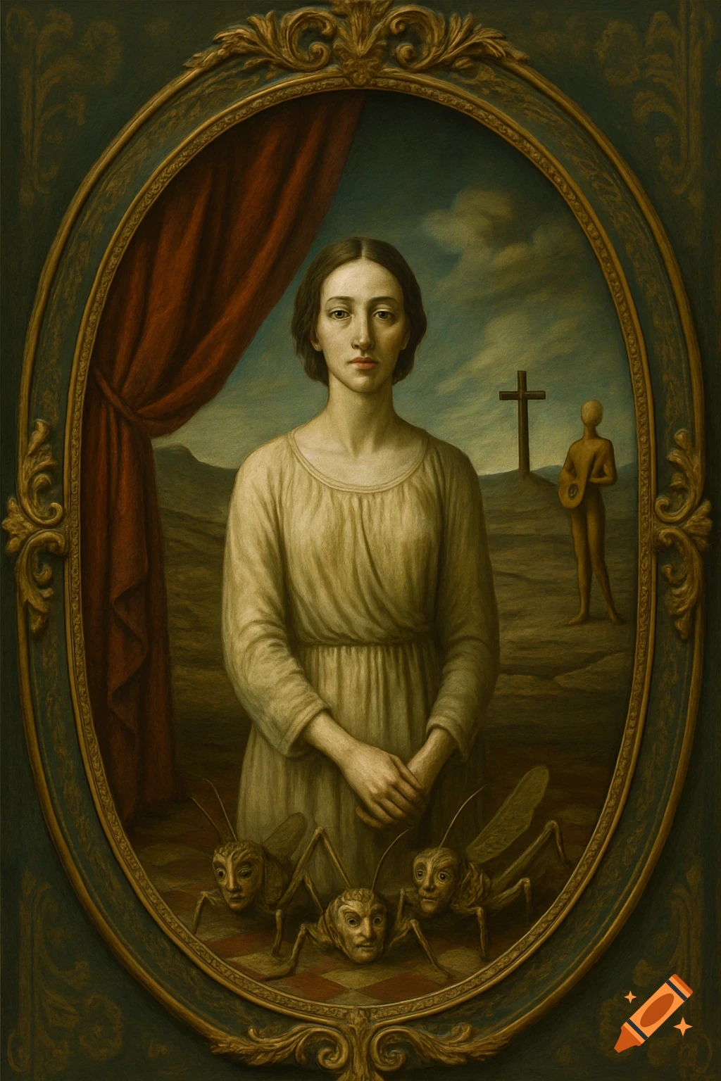 Surreal oil painting portrait of a somber woman in an oval frame, with human-faced locusts at her feet and a cross in the background.