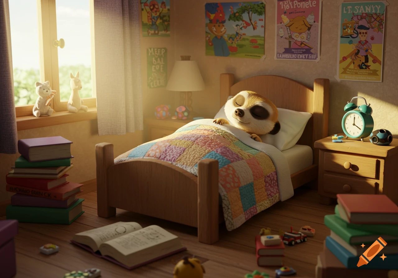 A cute 3D animated meerkat sleeps peacefully in a cozy, sunlit bedroom under a patchwork quilt, with books stacked around.