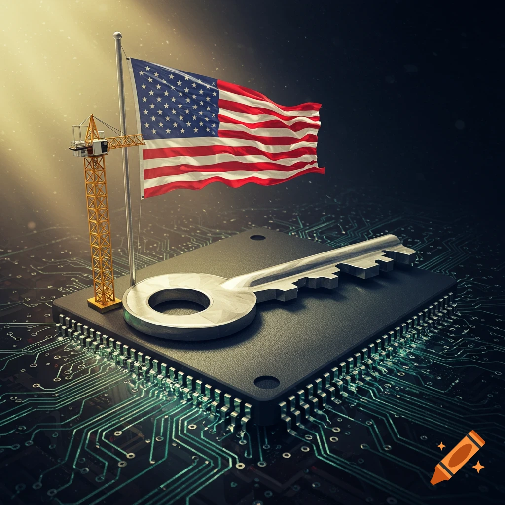 Photorealistic conceptual image: American flag on a tower crane atop a computer chip with a large metallic key, circuit board background.