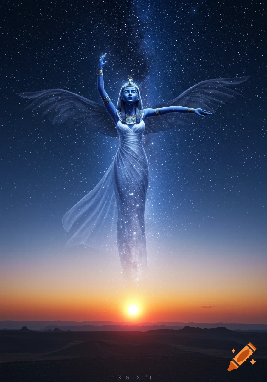 Blue-skinned Egyptian goddess Nut with wings and a flowing gown rises from a desert sunset into a starry night sky.