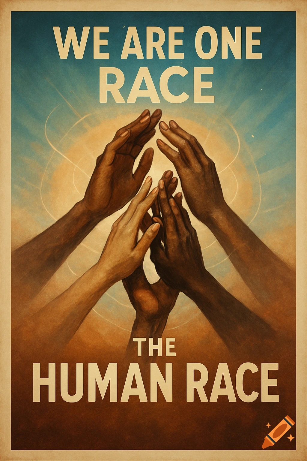 Vintage unity poster with hands of diverse skin tones reaching inwards, text 'WE ARE ONE RACE THE HUMAN RACE'.