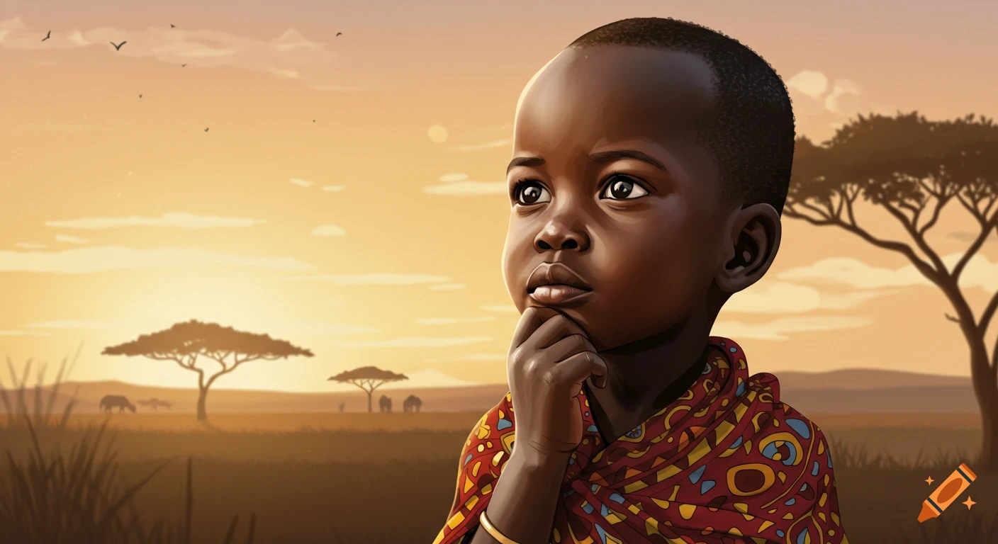 Illustration of a pensive African child in traditional attire, looking up at a sunset savannah landscape.