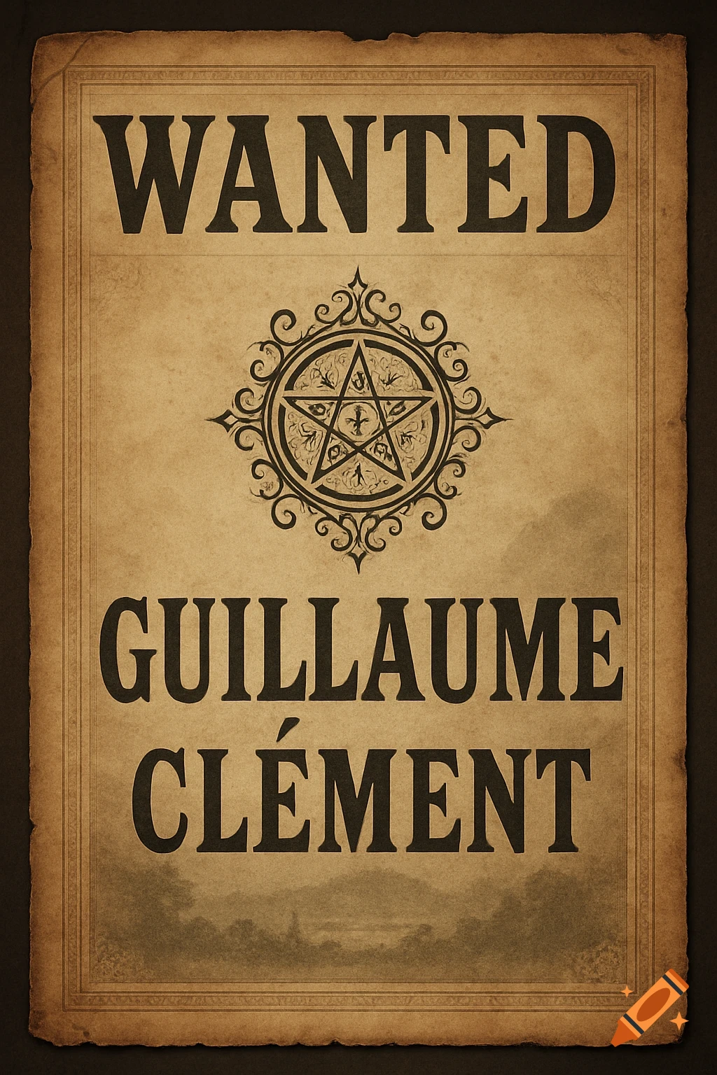 A vintage wanted poster on aged parchment paper with 'WANTED' and 'GUILLAUME CLÉMENT' in bold text, centered with an ornate circular symbol.